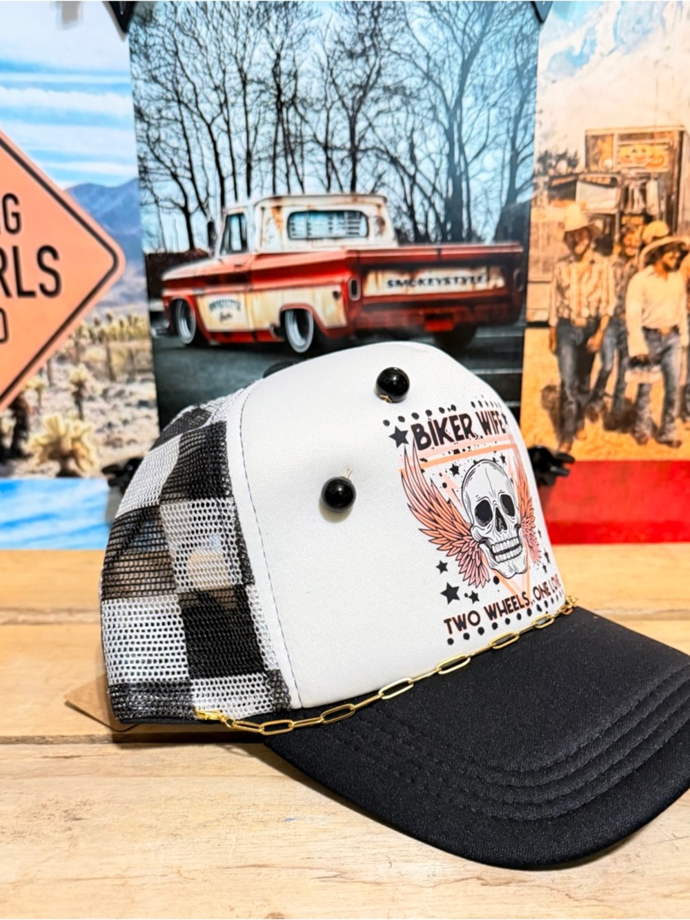 Biker Wife Skull Trucker Hat - White & Black - Picture 3 of 5